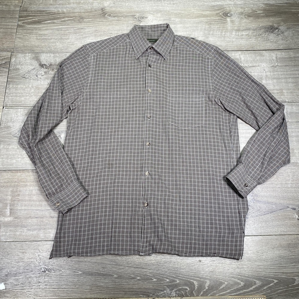 Ermenegildo Zegna Shirt Mens Large Brown White Plaid Button Up Italy Cotton